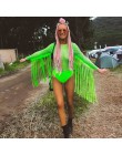 Neonowa zielona kabaretka siatka Tassel body kobiety z długim rękawem przejrzysty kombinezon odzież klubowa Rave odzież festiwal