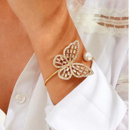 Złoty kolorowe motyle bransoletki kryształ Rhinestone szeroki Wrap ramię bransoletka na mankiet imitacja pereł otwarcia bransole