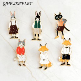 QIHE biżuteria szpilki i broszki królik/lis/kot para emalia pin odznaki kapelusz akcesoria do plecaków biżuteria dla zakochanych