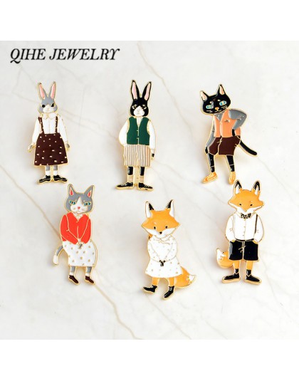 QIHE biżuteria szpilki i broszki królik/lis/kot para emalia pin odznaki kapelusz akcesoria do plecaków biżuteria dla zakochanych