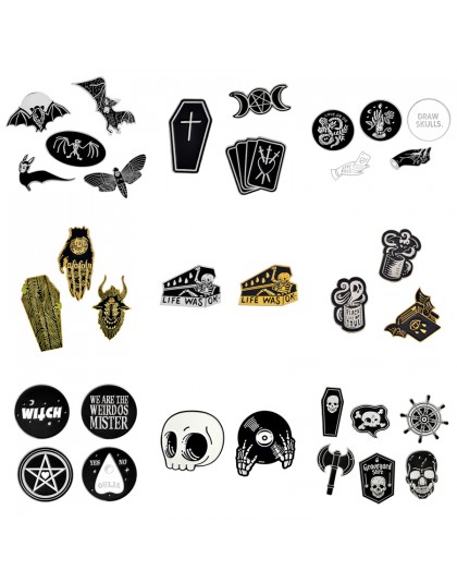 1-6 sztuk/zestaw Punk ciemny broszka kolekcja emalia szpilki czaszka Bat czarownica szkielet trumny przycisk Pin metalowa plakie
