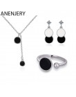 ANENJERY 925 Sterling Silver Jewelry Sets epoksydowa czarny okrągły opłatek naszyjnik + kolczyki + pierścień dla kobiet koreańsk