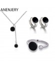 ANENJERY 925 Sterling Silver Jewelry Sets epoksydowa czarny okrągły opłatek naszyjnik + kolczyki + pierścień dla kobiet koreańsk