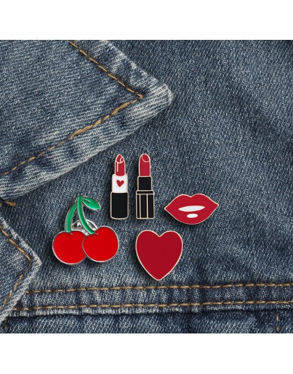 Kobiety broszki szminka Lip Love Heart Cherry emalia szpilki moda Sexy broszka ubrania Lapel Button metalowa szpilka biżuteria a