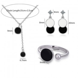 ANENJERY 925 Sterling Silver Jewelry Sets epoksydowa czarny okrągły opłatek naszyjnik + kolczyki + pierścień dla kobiet koreańsk