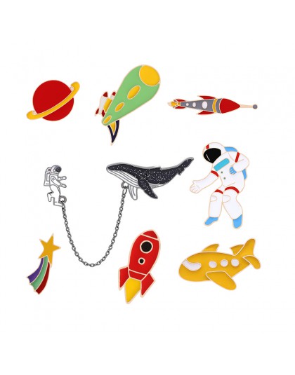 Astronauta kosmiczny samolot broszka Cartoon samolot rakieta Alien Whale emalia Pins mężczyźni Denim kurtki przypinka moda odzna