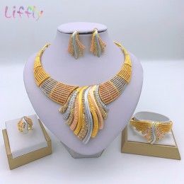 Liffly nowe indyjskie zestawy biżuterii wielokolorowe ślubne duże kryształowe dubaj złote zestawy biżuterii dla kobiet kolczyki 