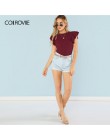 COLROVIE burgundii warstwowe wzburzyć szczegółowo teksturowane elegancki Skinny koszula body kobiety 2019 lato odzież robocza el