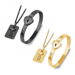 Czarny/złoty zestaw biżuterii ze stali nierdzewnej serce kłódka miłość bransoletka zawieszka w kształcie klucza dla pary zestaw 