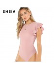 SHEIN warstwami wzburzyć szczegóły teksturowane body 2018 lato okrągły dekolt wzburzyć body odzież kobiety różowy stałe body na 
