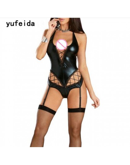 YUFEIDA nowe seksowne wysokie cięcie kombinezon Halter gotyckie kobiety Faux Leather wyglądające na mokre lateksowe Catsuit siat