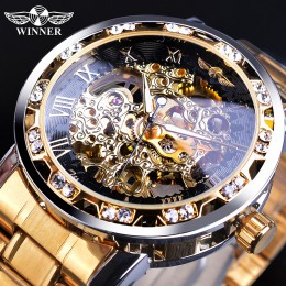 Zwycięzca złote zegarki klasyczny zegar Rhinestone rzymski analogowy męski szkielet zegary automatyczny mechaniczny zegarek na p
