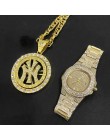 Luksusowy złoty mężczyzna zegarek i naszyjnik Combo zestaw mężczyźni Hip Hop złoty srebrny naszyjnik łańcuch Ice Out kubański ze