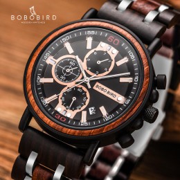 BOBO ptak drewniany zegarek Relogio Masculino mężczyźni Top marka luksusowe stylowe Chronograph zegarki wojskowe w drewnianym pu