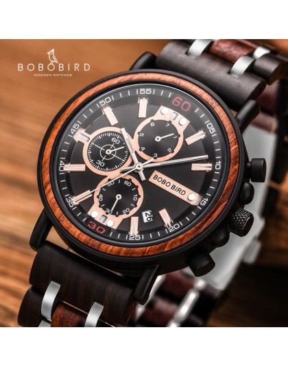 BOBO ptak drewniany zegarek Relogio Masculino mężczyźni Top marka luksusowe stylowe Chronograph zegarki wojskowe w drewnianym pu