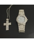 Luksusowy złoty mężczyzna zegarek i naszyjnik Combo zestaw mężczyźni Hip Hop złoty srebrny naszyjnik łańcuch Ice Out kubański ze