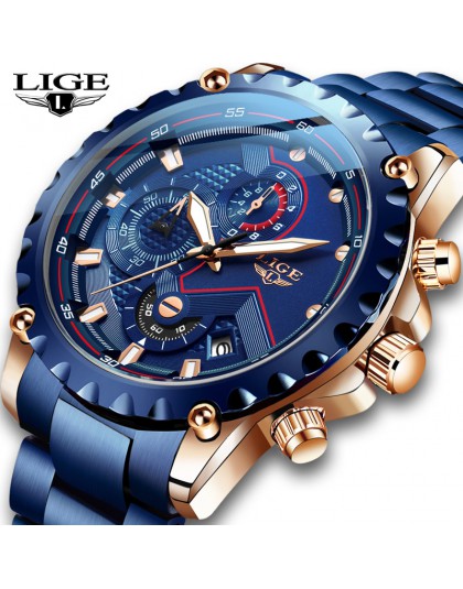 LIGE nowy zegarek mężczyźni Top marka luksusowe męskie zegarki sportowe ze stali nierdzewnej wodoodporny biznes data zegarki kwa