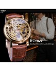 Zwycięzca przezroczysta złota koperta luksusowy casualowy wzór brązowy skórzany pasek męskie zegarki Top marka luksusowy zegarek
