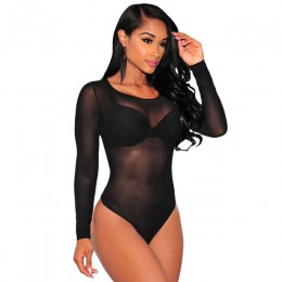 SEBOWEL damski czarny z długim rękawem Body z prześwitującej siatki kobiet rozciągliwy kombinezon Body topy dla pań Sexy przezro
