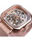 Forsining zegarki mechaniczne dla mężczyzn automatyczny self-wiatr złoty przezroczysty modna siatka stalowa zegarek szkielet czł