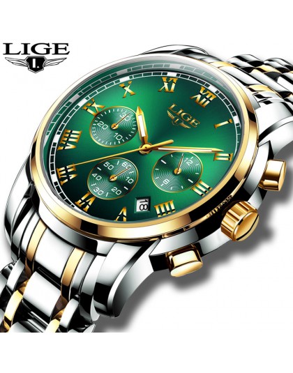 Zegarki męskie 2019 LIGE Top marka luksusowe zielone modne chronograf męski Sport wodoodporny cały stalowy zegar kwarcowy Relogi
