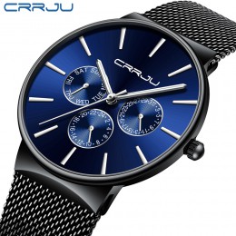 Reloj hombre męskie zegarki CRRJU Top marka luksusowy wodoodporny zegarek Ultra cienki data zegarek męski siateczkowy pasek Casu