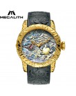 MEGALITH złota rzeźba smoka automatyczny zegarek mechaniczny dla mężczyzn wodoodporny zegarek z paskiem silikonowym zegar Reloje