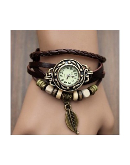 Multicolor wysokiej jakości kobiety prawdziwej skóry rocznika zegarek kwarcowy zegarki na rękę z paskiem liść prezent boże narod
