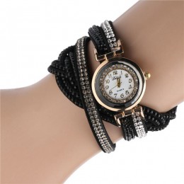 Moda Casual złoty kwarc kobiety zegarek ze strasów plecione skórzane bransoletki zegarek prezent panie zegarek Relogio Feminino 