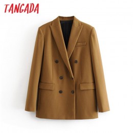 Tangada damska brązowa solidna dwurzędowy garnitur kurtka designerska biurowa, damska marynarka kieszenie bluzki do pracy 3H42