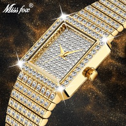MISSFOX diamentowy zegarek dla kobiet luksusowych marek panie złoty kwadrat zegarek minimalistyczny analogowy kwarcowy Movt unik