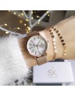 Shengke nowe kreatywne kobiety zegarki luksusowe Rosegold panie kwarcowe zegarki Relogio Feminino opaska siatkowa na rękę Reloj 