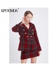 Vintage stylowy podwójny Breasted Plaid tweedowy blezer płaszcz kobiety 2020 moda karbowany kołnierzyk z długim rękawem damska o