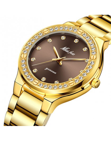 MISSFOX elegancka kobieta zegarek luksusowa marka kobieta zegarek japonia movt 30M wodoodporny złoty drogi analogowy zegarek kwa