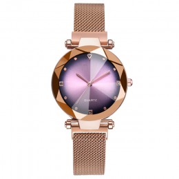 Luksusowe zegarki damskie różowe złoto Starry Sky siatka magnetyczna Rhinestone zegarek kwarcowy Lady kobieta diamentowy zegarek