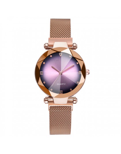 Luksusowe zegarki damskie różowe złoto Starry Sky siatka magnetyczna Rhinestone zegarek kwarcowy Lady kobieta diamentowy zegarek