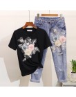 Amolapha damskie ciężkie hafty 3D kwiatowe koszulki + dżinsy 2 szt. Zestawy odzieżowe letnie garnitury casualowe