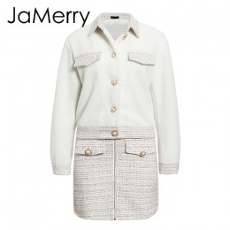 JaMerry Vintage dwuczęściowy tweed faux fur zestawy dla kobiet jesienno-zimowa spódnica garnitur zestawy Patchwork pojedyncze pi