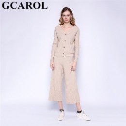 GCAROL nowe damskie zestawy V Neck sweter i spodnie szerokie nogawki 2 szt. Zestaw dzianinowy top spodnie z elastyczną gumką w p