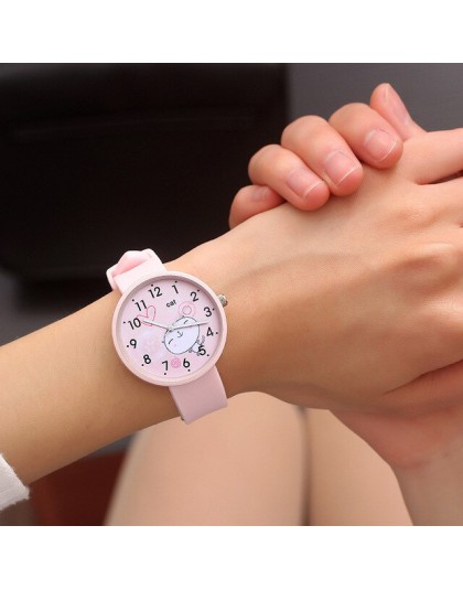 Nowe mody zegarek dziewczęcy Cartoon koci wzór Casual zegarki kwarcowe dzieci dzieci Wrist Watch proste zegarki damskie VL