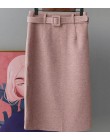 Zimowe różowe wełniane spódnice wysokiej talii pani biurowa, o średniej długości spódnice z przodu elegancka z rozcięciem faldas