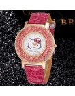Hello Kitty Kids Watch uroczy wzór różowe cyrkonie zegarek dla dzieci z postaciami z kreskówek wysokiej jakości skórzany pasek k