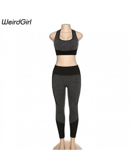 Weirdgirl zestawy dla kobiet 2 kawałki dres fitness Vintage elastyczny podkoszulek z klockami długie wysokie legginsy w wysoką t