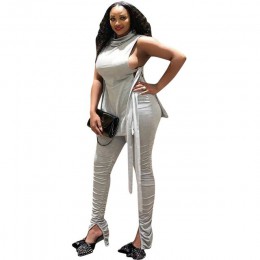 ANJAMANOR wiązana sukienka bandaż Sexy 2 sztuka zestaw kobiety dwuczęściowy Ruched spodnie stroje Clubwear pasujące zestawy 2020