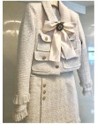 Marka Lady wełna 2 sztuka zestaw 2019 zima kobiety diament łuk złota pojedyncze łuszcz krótki tweedowa kurtka płaszcz + pomponem