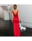 Nadafair lato V Neck Maxi sukienki czerwony klub bez pleców, z wycięciem Spaghetti pasek Bodycon wesele seksowna sukienka kobiet