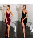 Nadafair lato V Neck Maxi sukienki czerwony klub bez pleców, z wycięciem Spaghetti pasek Bodycon wesele seksowna sukienka kobiet