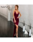 Nadafair lato V Neck Maxi sukienki czerwony klub bez pleców, z wycięciem Spaghetti pasek Bodycon wesele seksowna sukienka kobiet