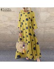 ZANZEA jesień 3/4 rękaw Polka Dot długa sukienka z nadrukiem Vintage damskie bawełniane suknie lniane kobieta Kaftan Vestido Fem