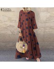 ZANZEA jesień 3/4 rękaw Polka Dot długa sukienka z nadrukiem Vintage damskie bawełniane suknie lniane kobieta Kaftan Vestido Fem